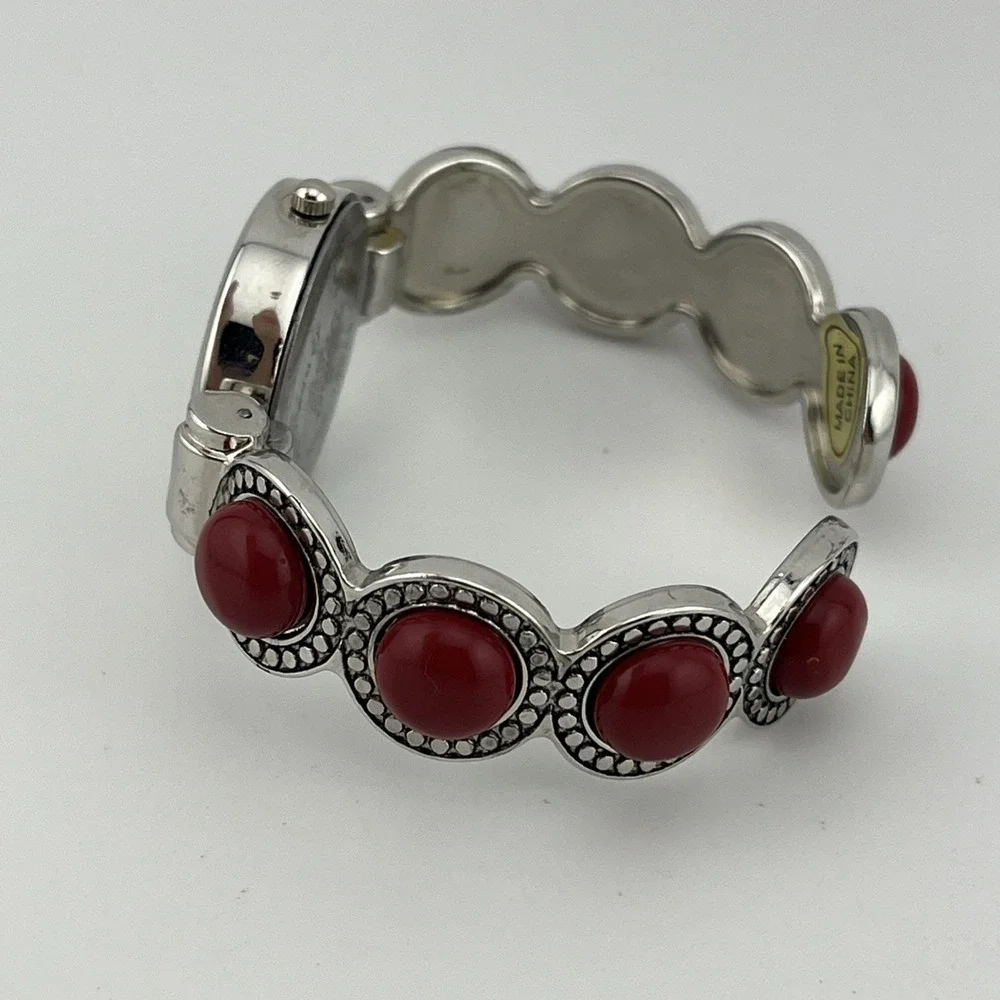 Geneva Platinum Watch Women 28mm Case‎ MOP Dial Bangle Red Accents- New Battery